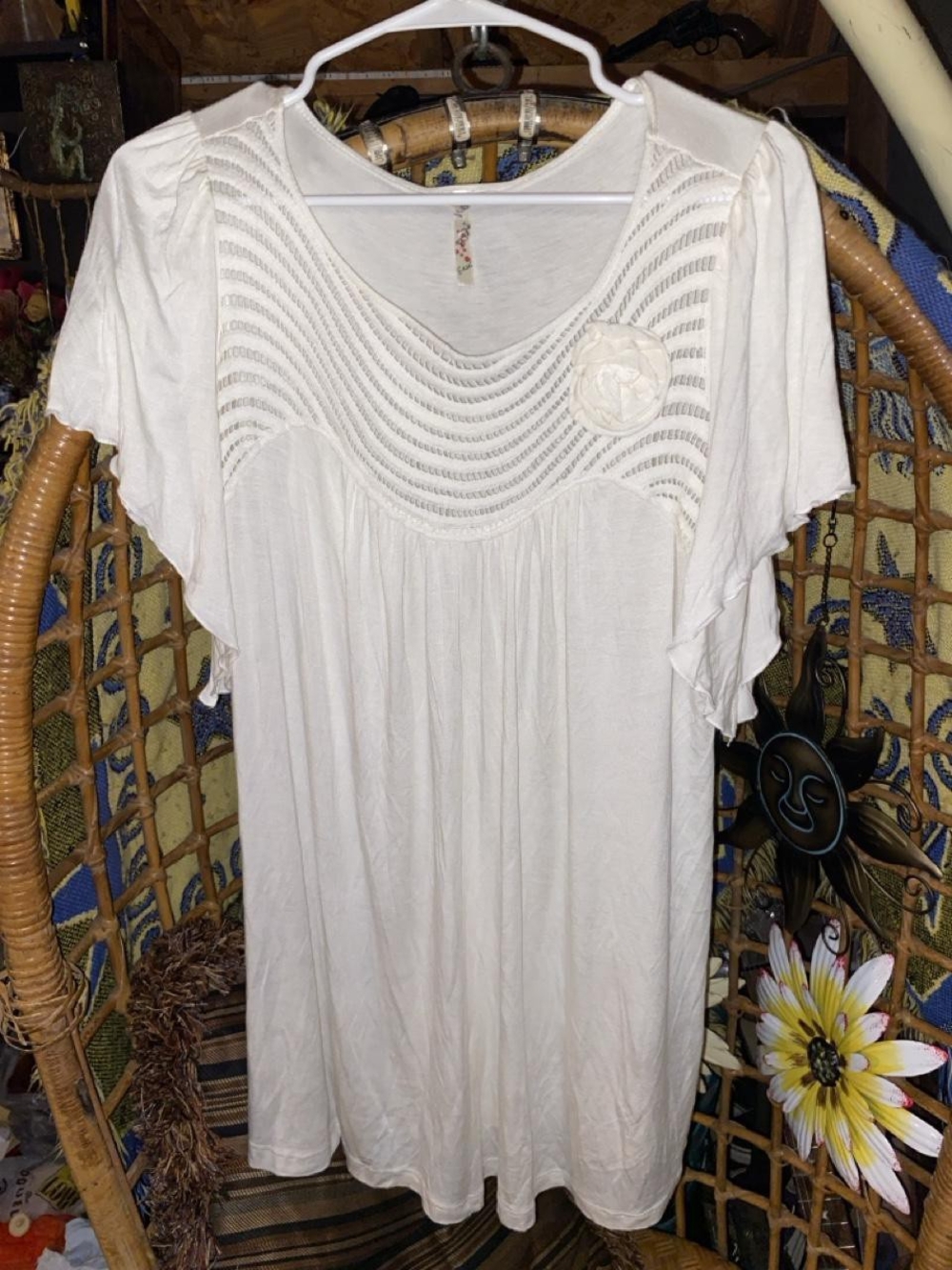 Easel Vintage Cottagecore Ivory Tiered Mini Dress Crochet Floral Detail